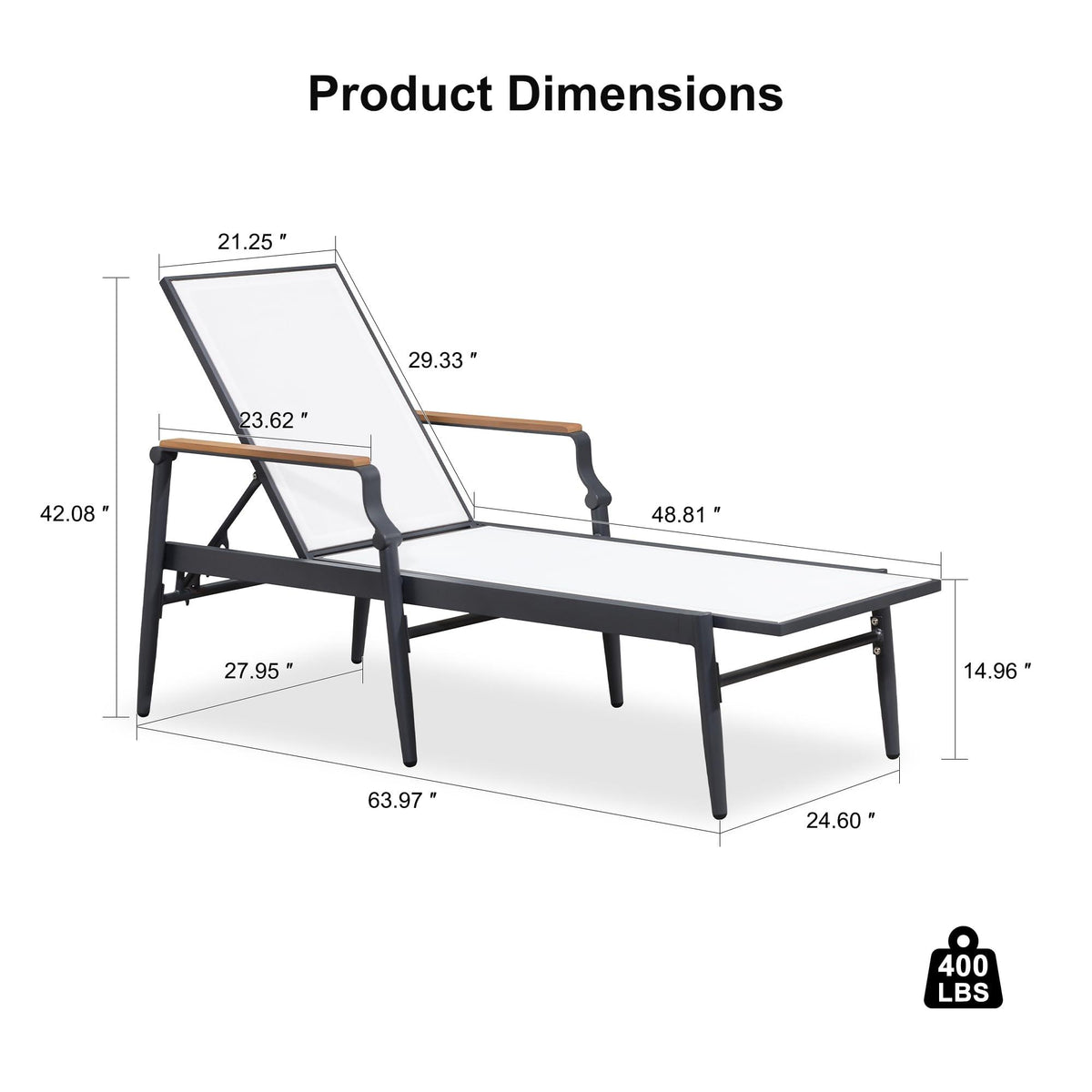 PURPLE LEAF – Lot de 2 chaises longues extérieures en aluminium avec accoudoirs en bois, inclinables pour terrasse et piscine, blanc