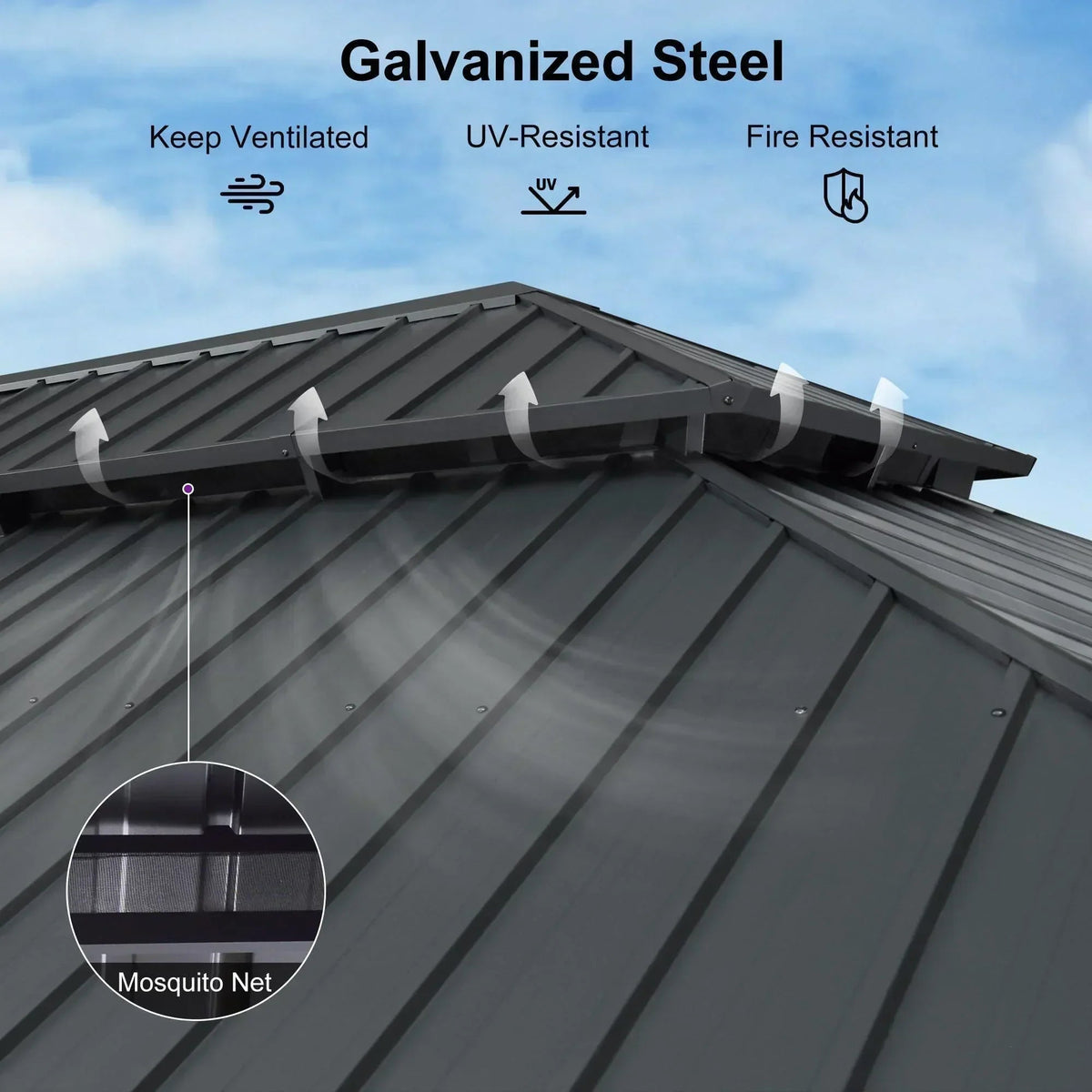 PURPLE LEAF – Pavillon de terrasse pour jardin, toit rigide gris en acier galvanisé avec rideau amélioré