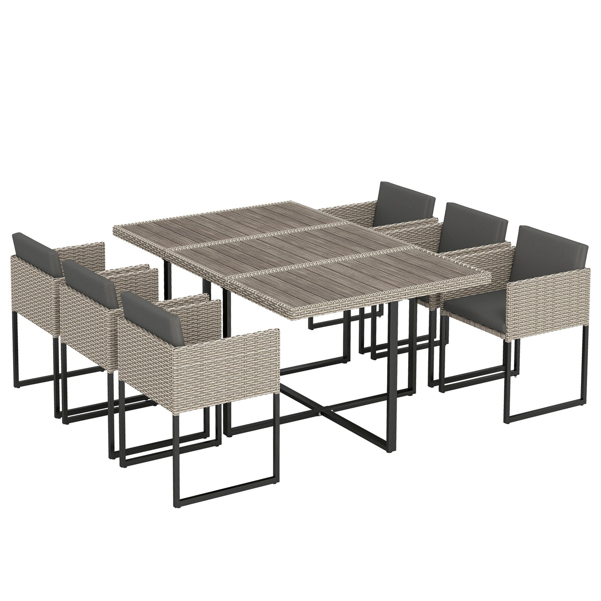 Ensemble repas en rotin 7 pièces gris clair avec table WPC, 6 chaises et 12 coussins