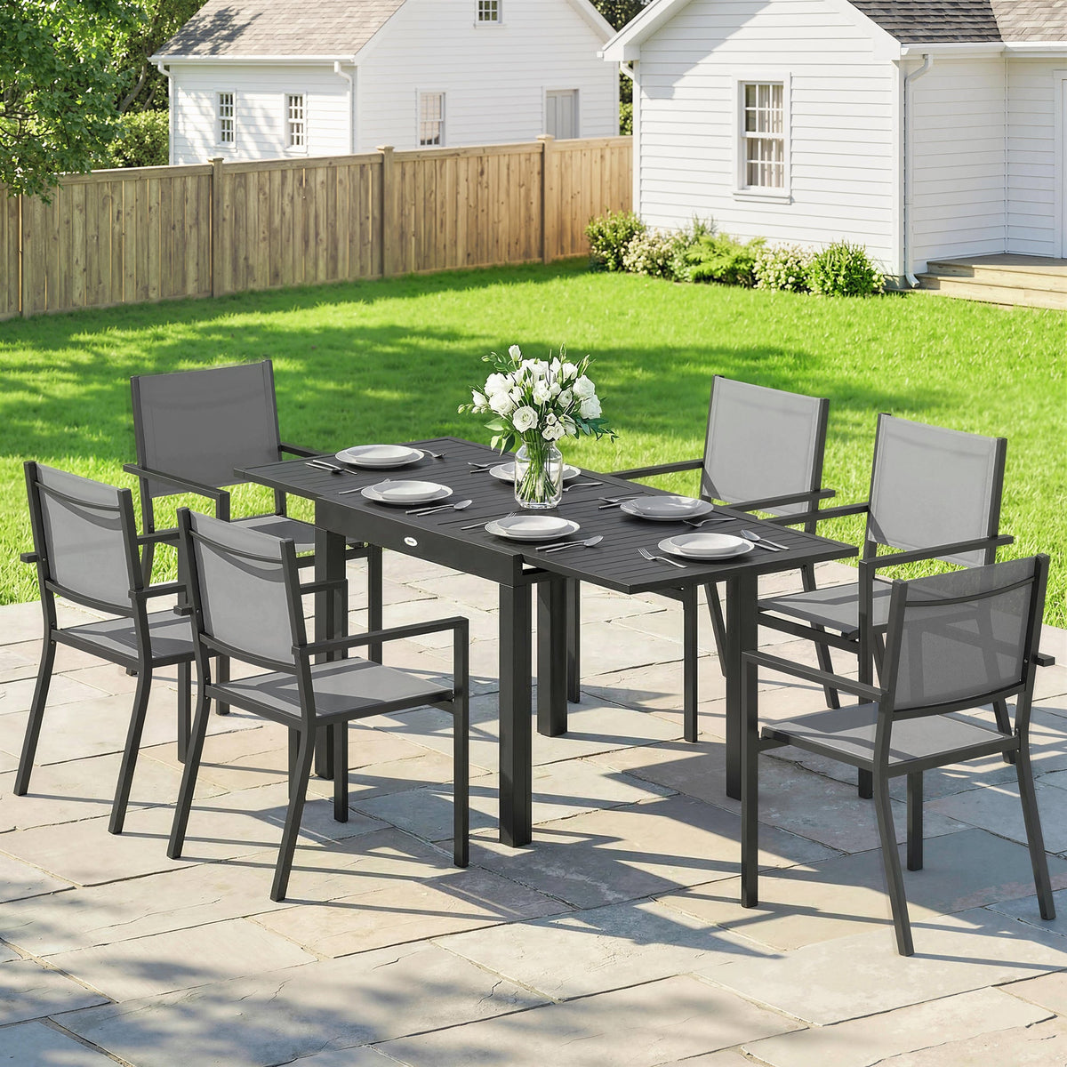 Ensemble repas extérieur 7 pièces avec table extensible et chaises empilables