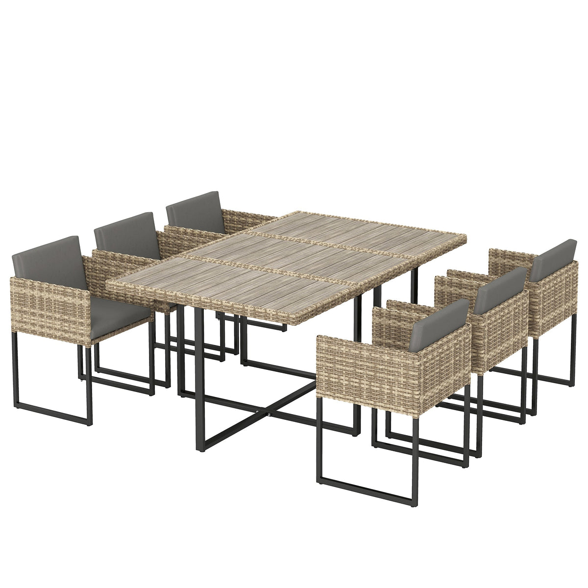 Ensemble repas en rotin 7 pièces marron clair avec table WPC, 6 chaises et 12 coussins