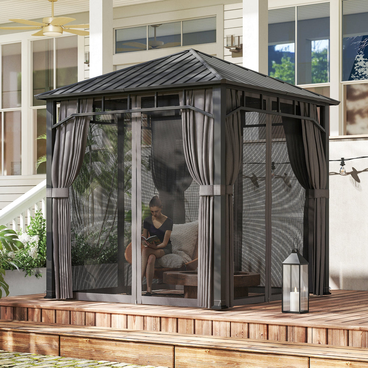Pavillon à toit rigide 2.5 x 2.5 m avec toit galvanisé, moustiquaires et rideaux, gris foncé
