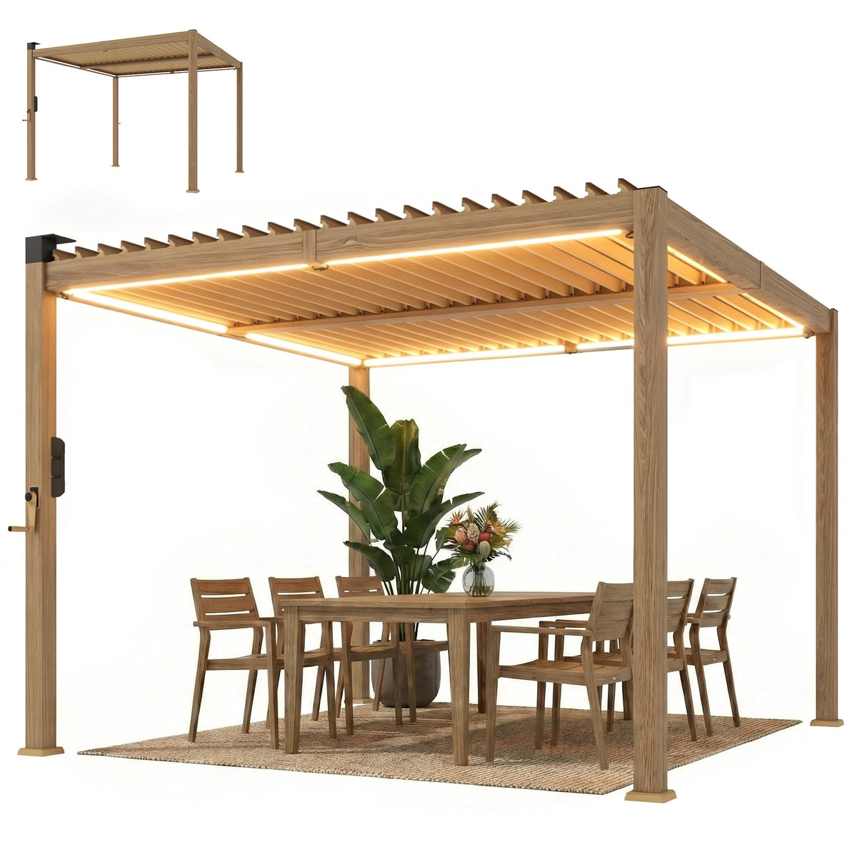 Pergola à lames orientables 10' x 10' avec éclairage LED solaire et toit réglable, marron