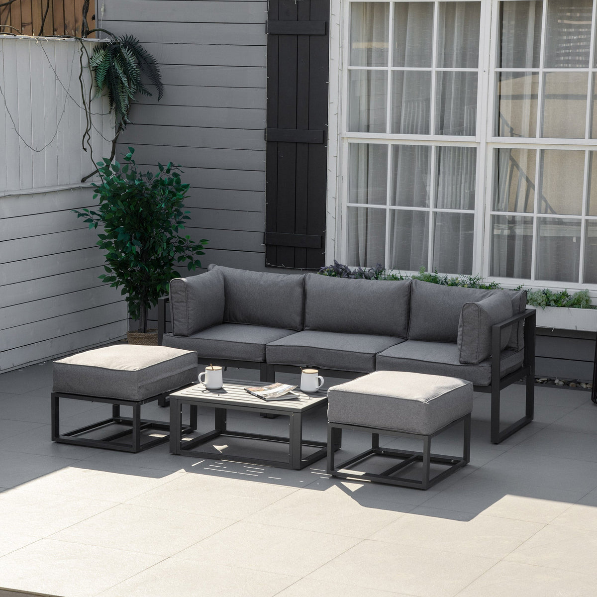 Ensemble mobilier de terrasse extérieur 6 pièces avec lit de repos et repose-pieds, gris
