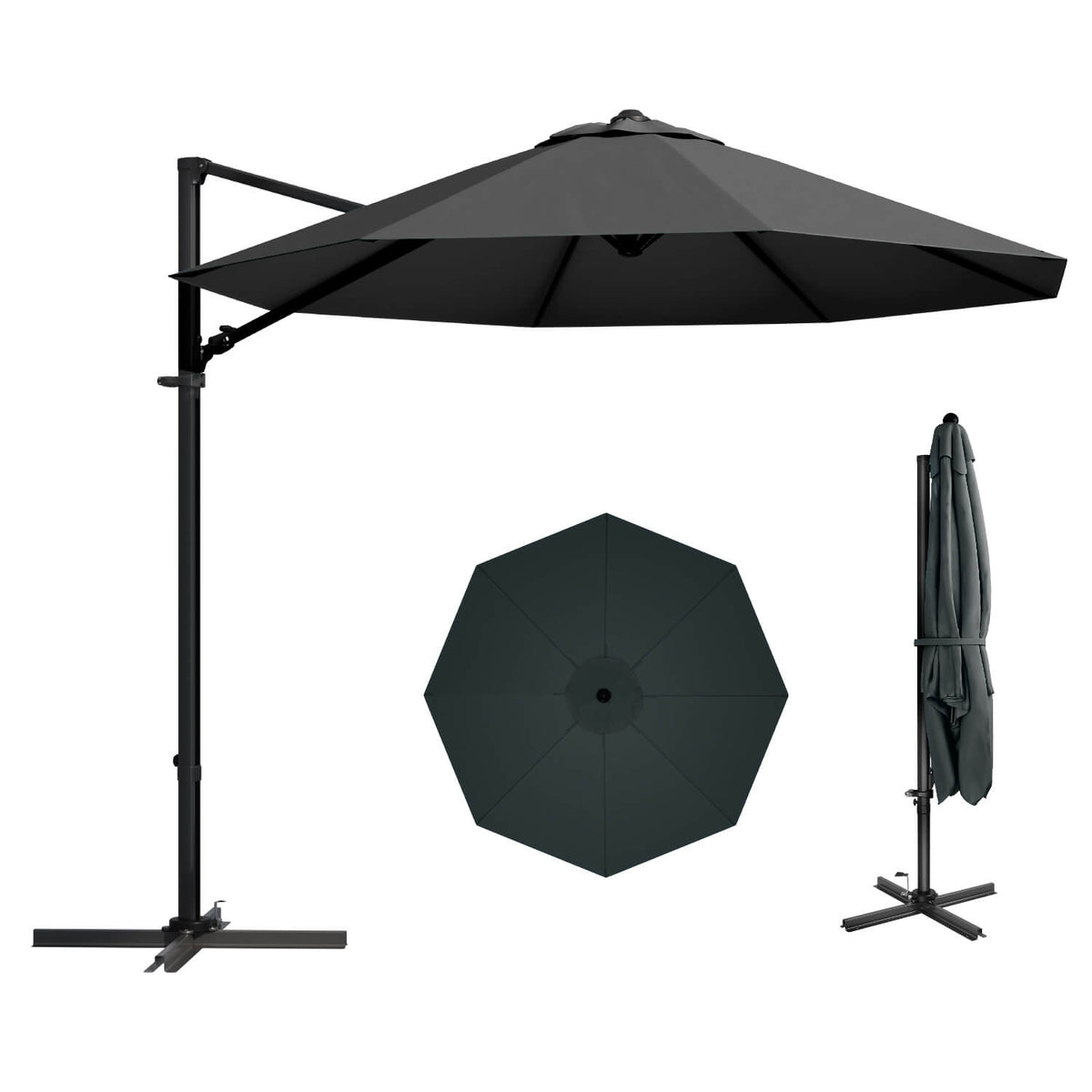 Patiowell 10ft Grand Parasol Déporté Inclinable 360° avec Rotation & Tilt, Noir Gris Anthracite - Patiowell