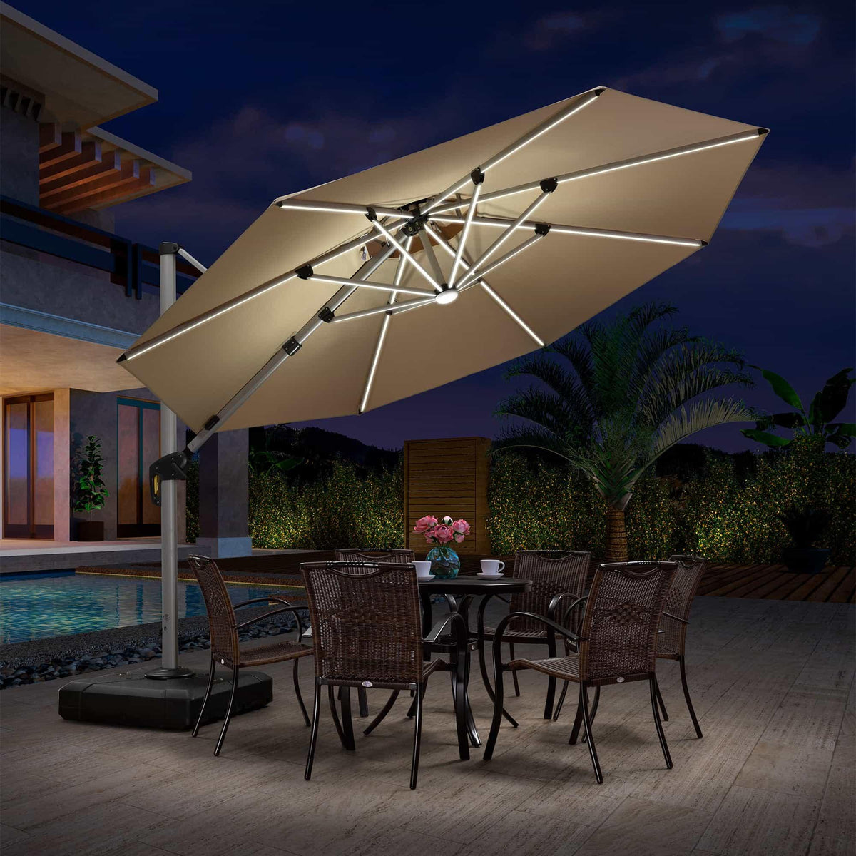 PURPLE LEAF – Parasol déporté rond solaire pour terrasse avec éclairage