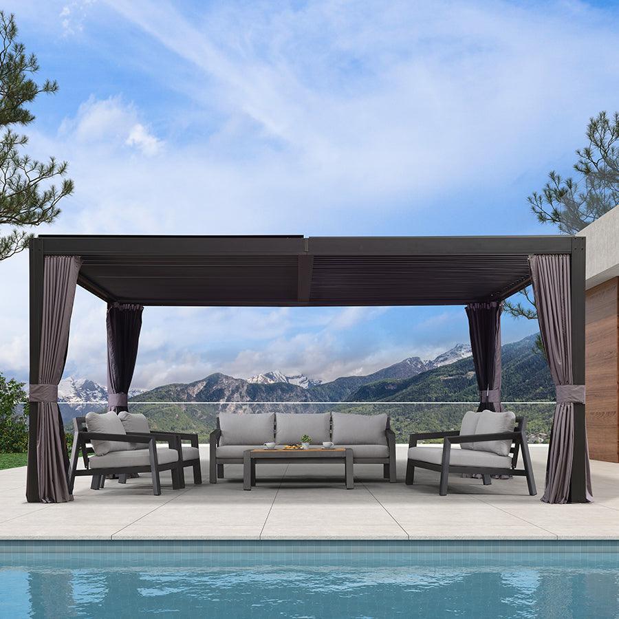 PURPLE LEAF – Pergola extérieure réglable en aluminium à lames orientables, toit métallique rigide et rideau amélioré