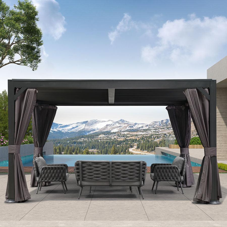 PURPLE LEAF – Pergola extérieure réglable en aluminium à lames orientables, toit métallique rigide et rideau amélioré