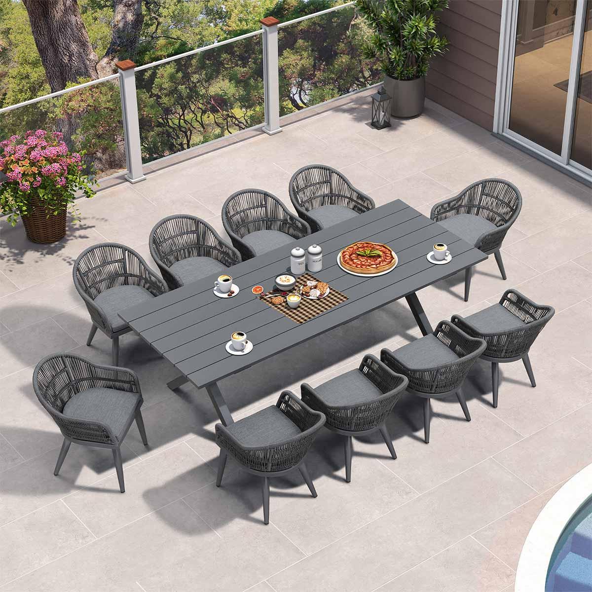 PURPLE LEAF – Ensemble repas de terrasse 7/9/11 pièces avec table et chaises résistantes aux intempéries en résine tressée, coussins confortables, gris