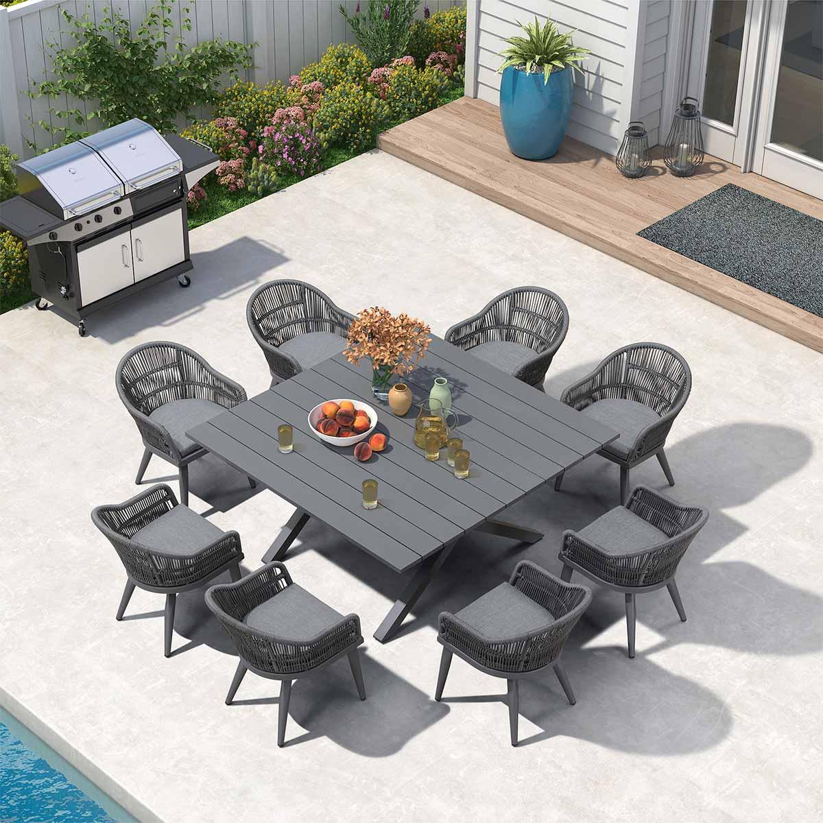 PURPLE LEAF – Ensemble repas de terrasse 7/9/11 pièces avec table et chaises résistantes aux intempéries en résine tressée, coussins confortables, gris