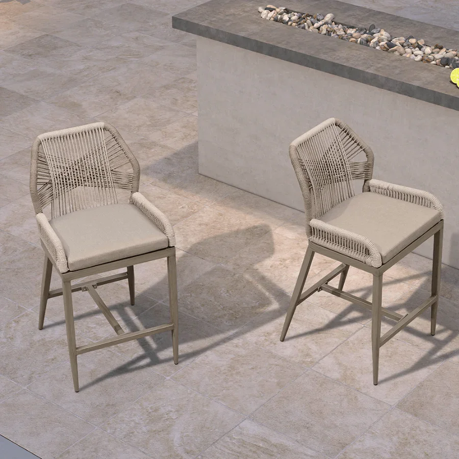 PURPLE LEAF – Lot de 4 tabourets de bar extérieurs en aluminium avec dossier, rotin tressé moderne style bohème pour jardin et piscine