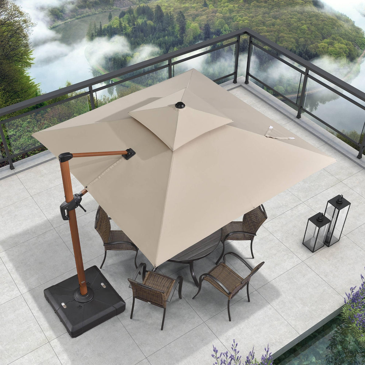 PURPLE LEAF – Parasol carré en aluminium à double toit 9 / 10 / 11 / 12 ft, coloris bois
