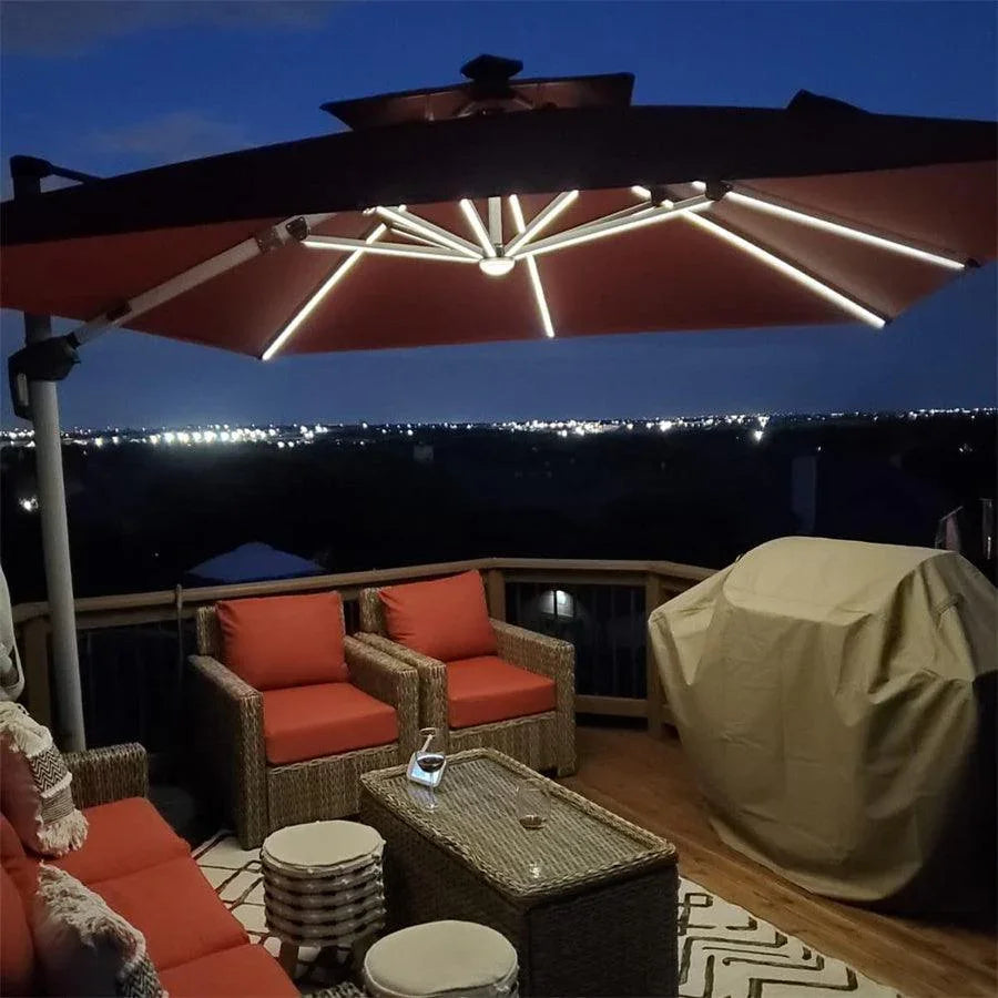 PURPLE LEAF – Parasol déporté carré avec base et éclairage pour extérieur