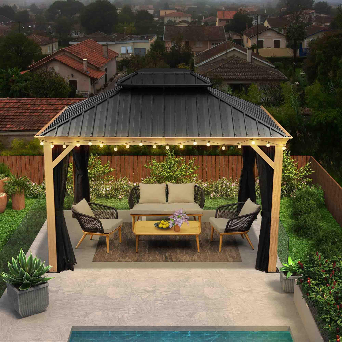 PURPLE LEAF – Pavillon à toit rigide pour terrasse, structure en aluminium effet bois avec guirlande lumineuse – milky