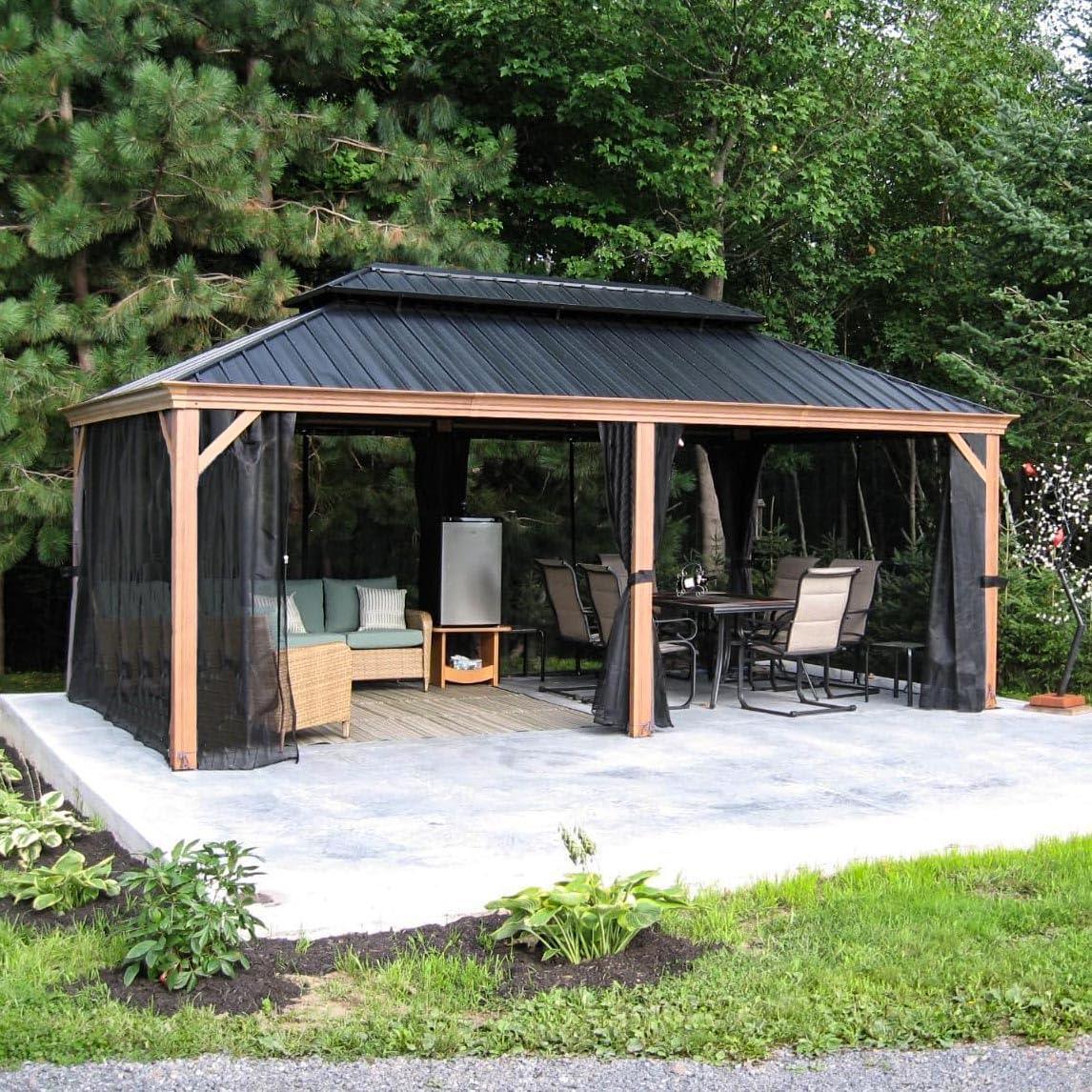 PURPLE LEAF – Pavillon à toit rigide pour terrasse, structure en aluminium effet bois avec moustiquaires