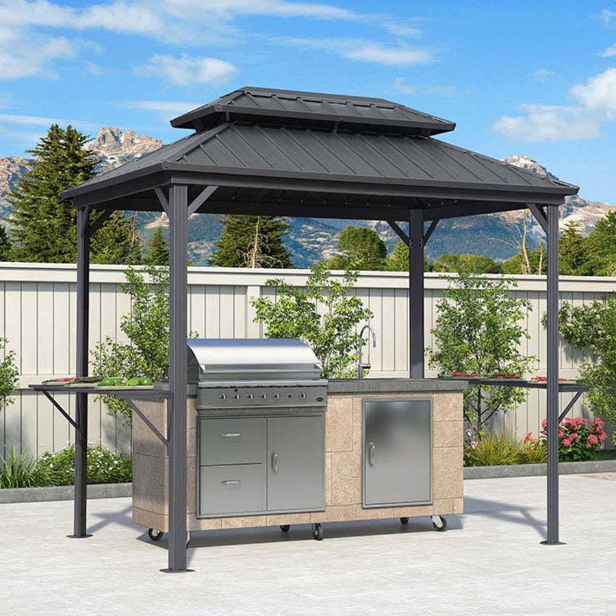 PURPLE LEAF – Pavillon à toit rigide pour barbecue, toit métallique permanent gris et auvent d’ombrage extérieur