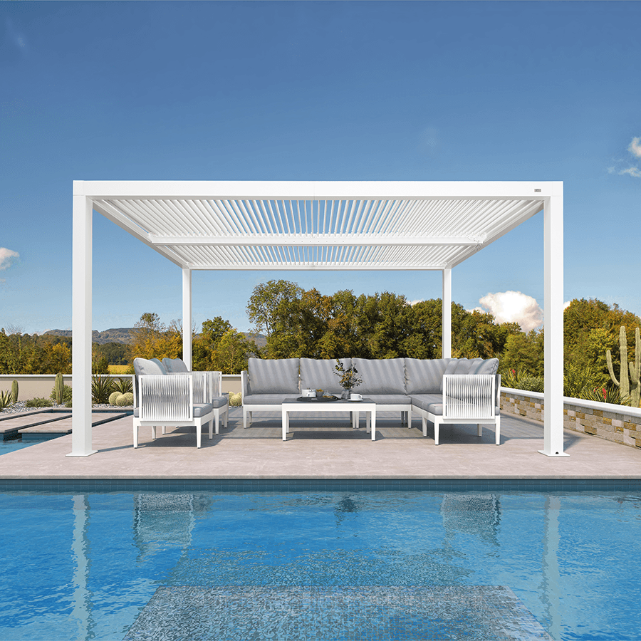 PURPLE LEAF Athena – Pergola moderne blanche à lames orientables avec toit réglable pour terrasse et jardin