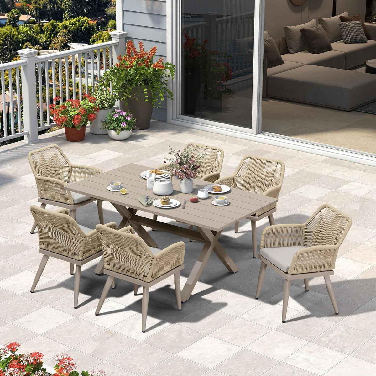 PURPLE LEAF – Ensemble repas extérieur en rotin PE toutes saisons avec structure en aluminium