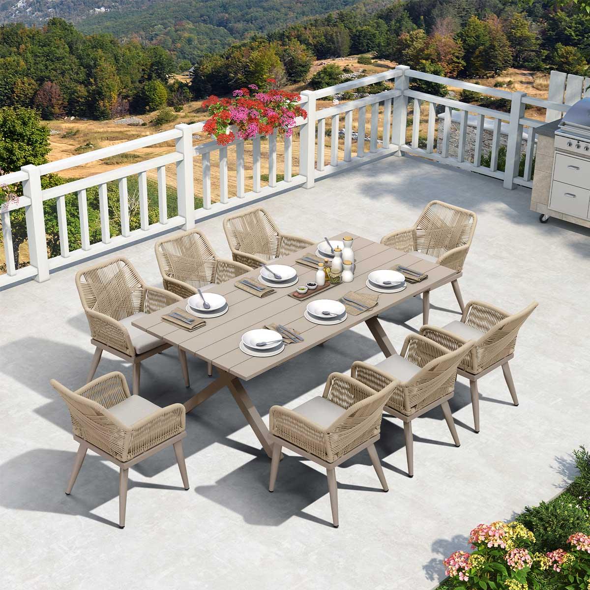 PURPLE LEAF – Ensemble repas extérieur en rotin PE toutes saisons avec structure en aluminium