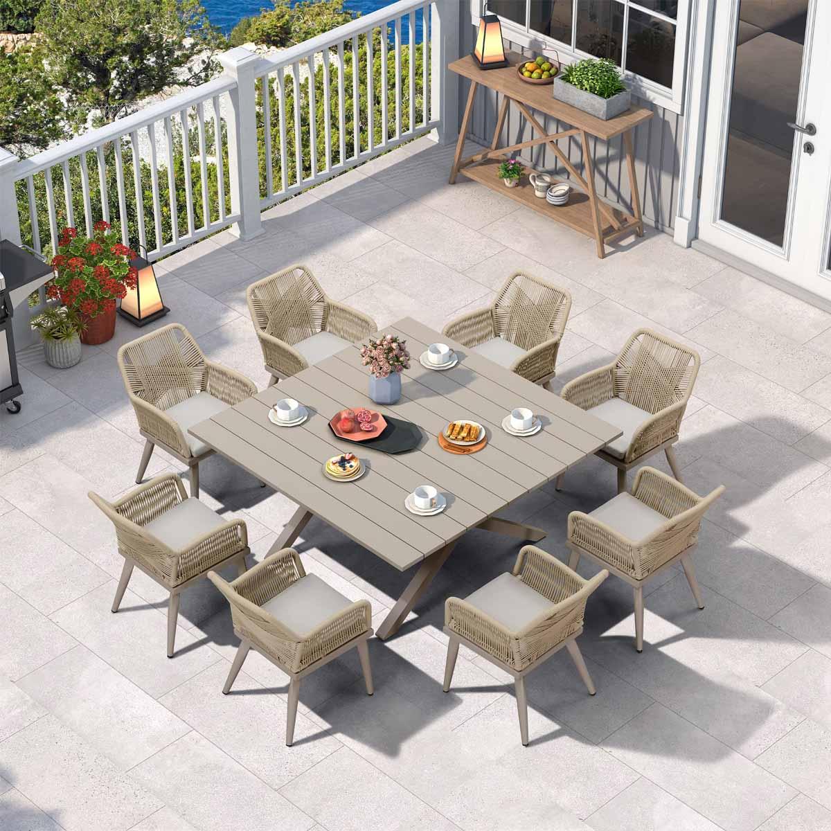 PURPLE LEAF – Ensemble repas extérieur en rotin PE toutes saisons avec structure en aluminium