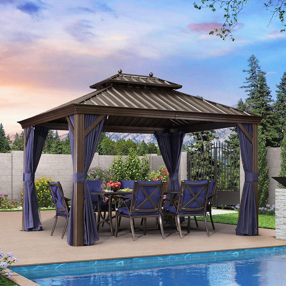 PURPLE LEAF – Pavillon extérieur à toit rigide pour terrasse, structure en aluminium bronze avec rideau bleu marine