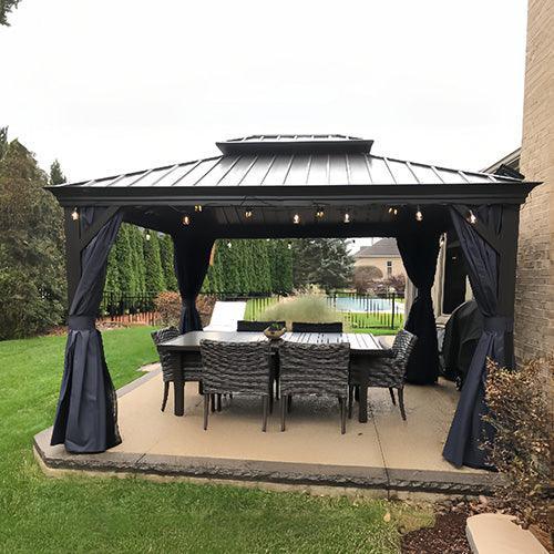 PURPLE LEAF – Pavillon extérieur à toit rigide pour terrasse, structure en aluminium bronze avec rideau bleu marine