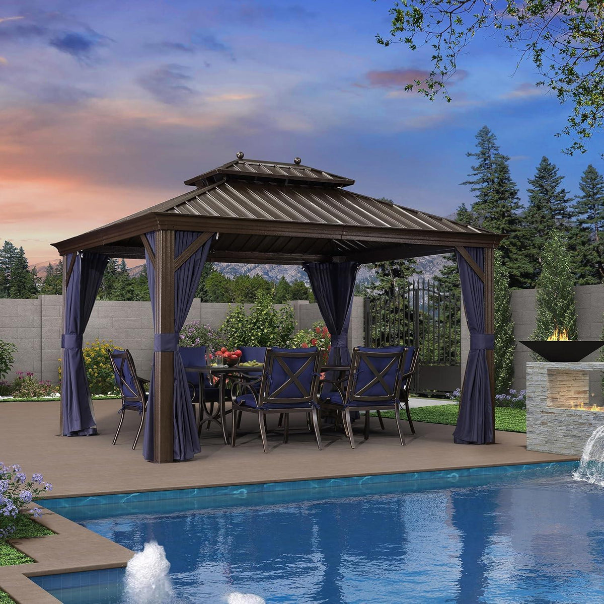 PURPLE LEAF – Pavillon extérieur à toit rigide pour terrasse, structure en aluminium bronze avec rideau bleu marine