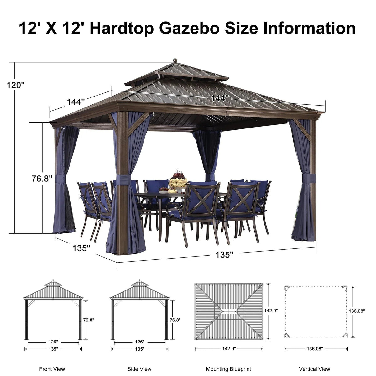 PURPLE LEAF – Pavillon extérieur à toit rigide pour terrasse, structure en aluminium bronze avec rideau bleu marine