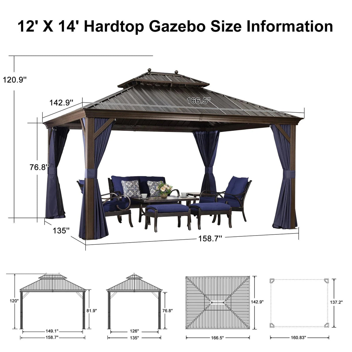 PURPLE LEAF – Pavillon extérieur à toit rigide pour terrasse, structure en aluminium bronze avec rideau bleu marine