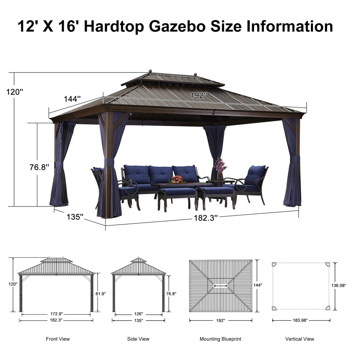 PURPLE LEAF – Pavillon extérieur à toit rigide pour terrasse, structure en aluminium bronze avec rideau bleu marine