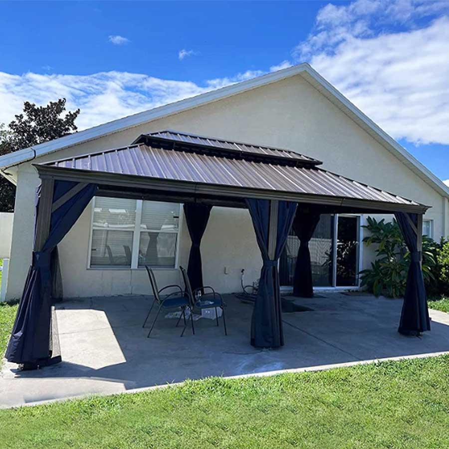 PURPLE LEAF – Pavillon extérieur à toit rigide pour terrasse, structure en aluminium bronze avec rideau bleu marine