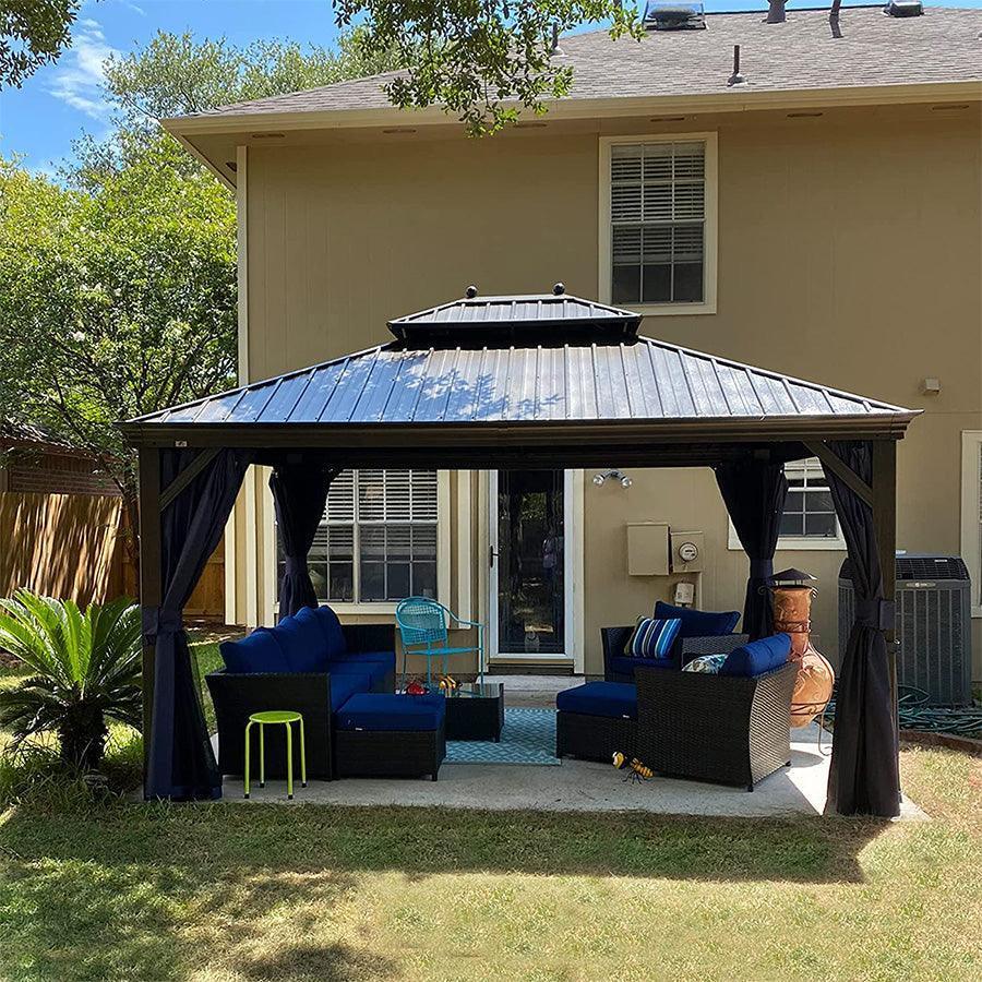 PURPLE LEAF – Pavillon extérieur à toit rigide pour terrasse, structure en aluminium bronze avec rideau bleu marine