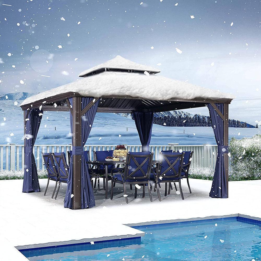 PURPLE LEAF – Pavillon extérieur à toit rigide pour terrasse, structure en aluminium bronze avec rideau bleu marine