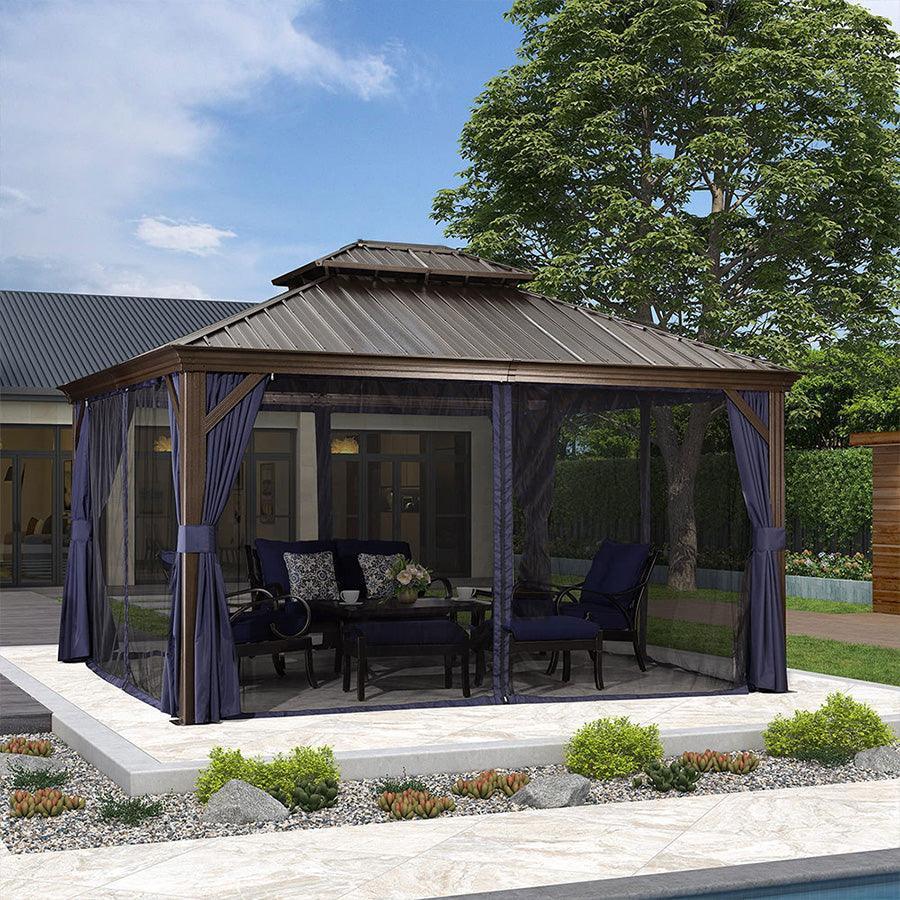 PURPLE LEAF – Pavillon extérieur à toit rigide pour terrasse, structure en aluminium bronze avec rideau bleu marine