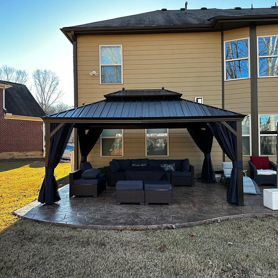 PURPLE LEAF – Pavillon extérieur à toit rigide pour terrasse, structure en aluminium bronze avec rideau bleu marine