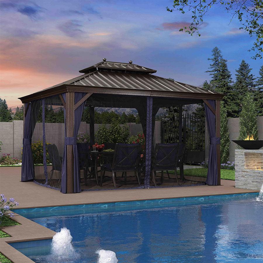 PURPLE LEAF – Pavillon extérieur à toit rigide pour terrasse, structure en aluminium bronze avec rideau bleu marine