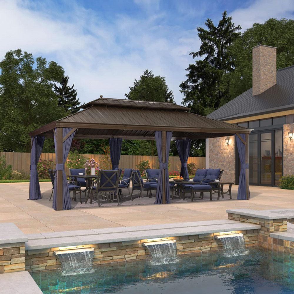 PURPLE LEAF – Pavillon extérieur à toit rigide pour terrasse, structure en aluminium bronze avec rideau bleu marine