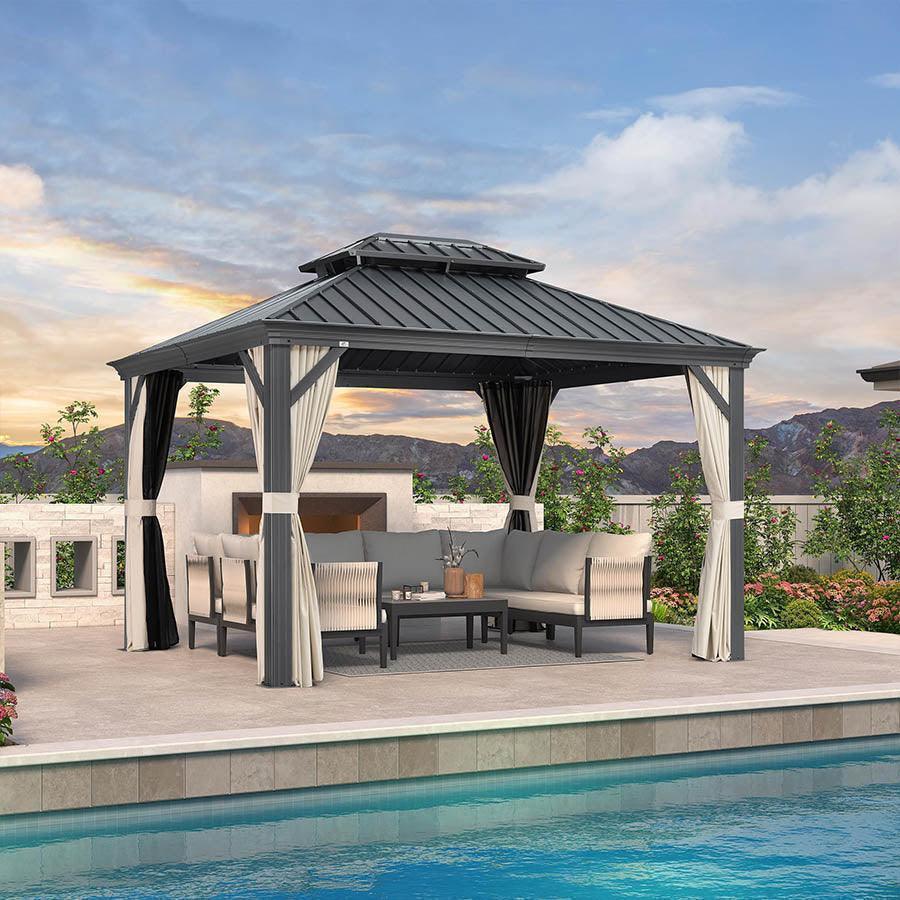PURPLE LEAF – Pavillon extérieur à toit rigide pour terrasse, structure en aluminium grise avec rideaux kaki