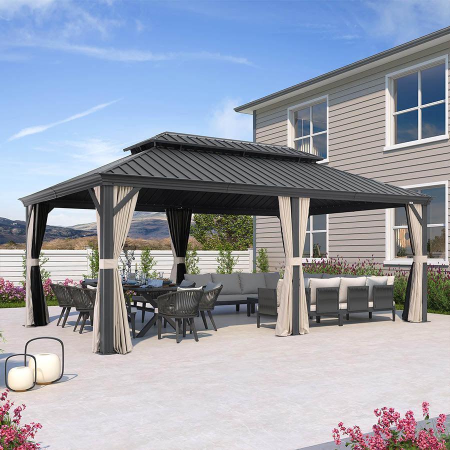 PURPLE LEAF – Pavillon extérieur à toit rigide pour terrasse, structure en aluminium grise avec rideaux kaki