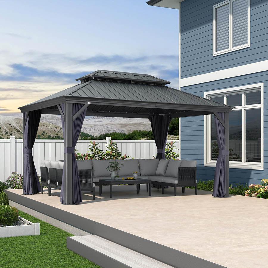 PURPLE LEAF – Pavillon extérieur à toit rigide pour terrasse, structure en aluminium grise avec rideau bleu marine
