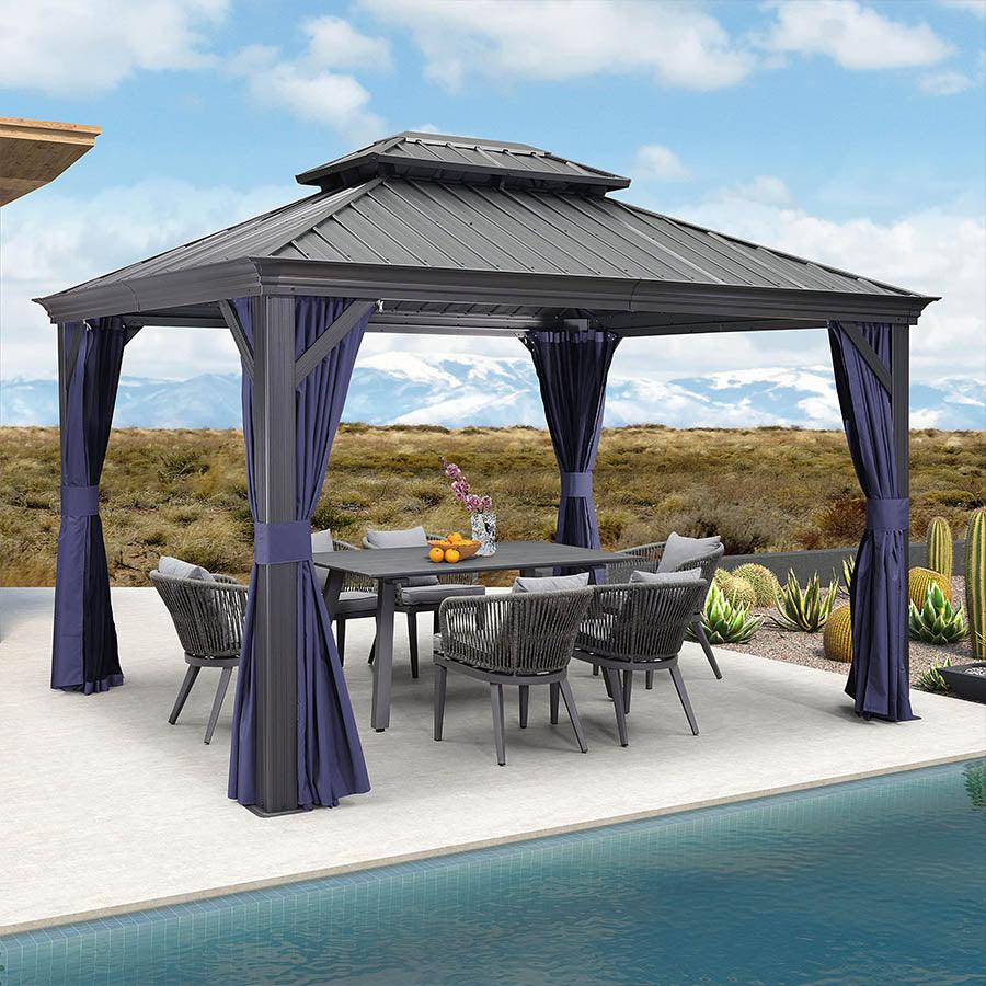PURPLE LEAF – Pavillon extérieur à toit rigide pour terrasse, structure en aluminium grise avec rideau bleu marine