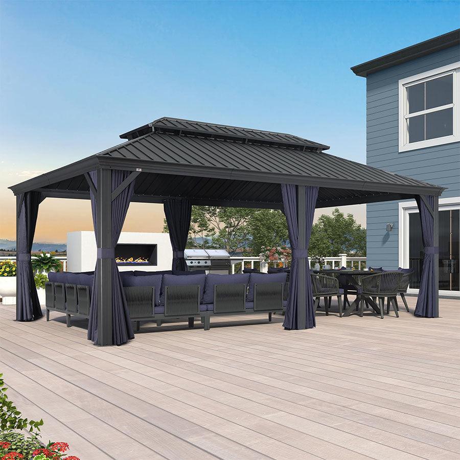 PURPLE LEAF – Pavillon extérieur à toit rigide pour terrasse, structure en aluminium grise avec rideau bleu marine