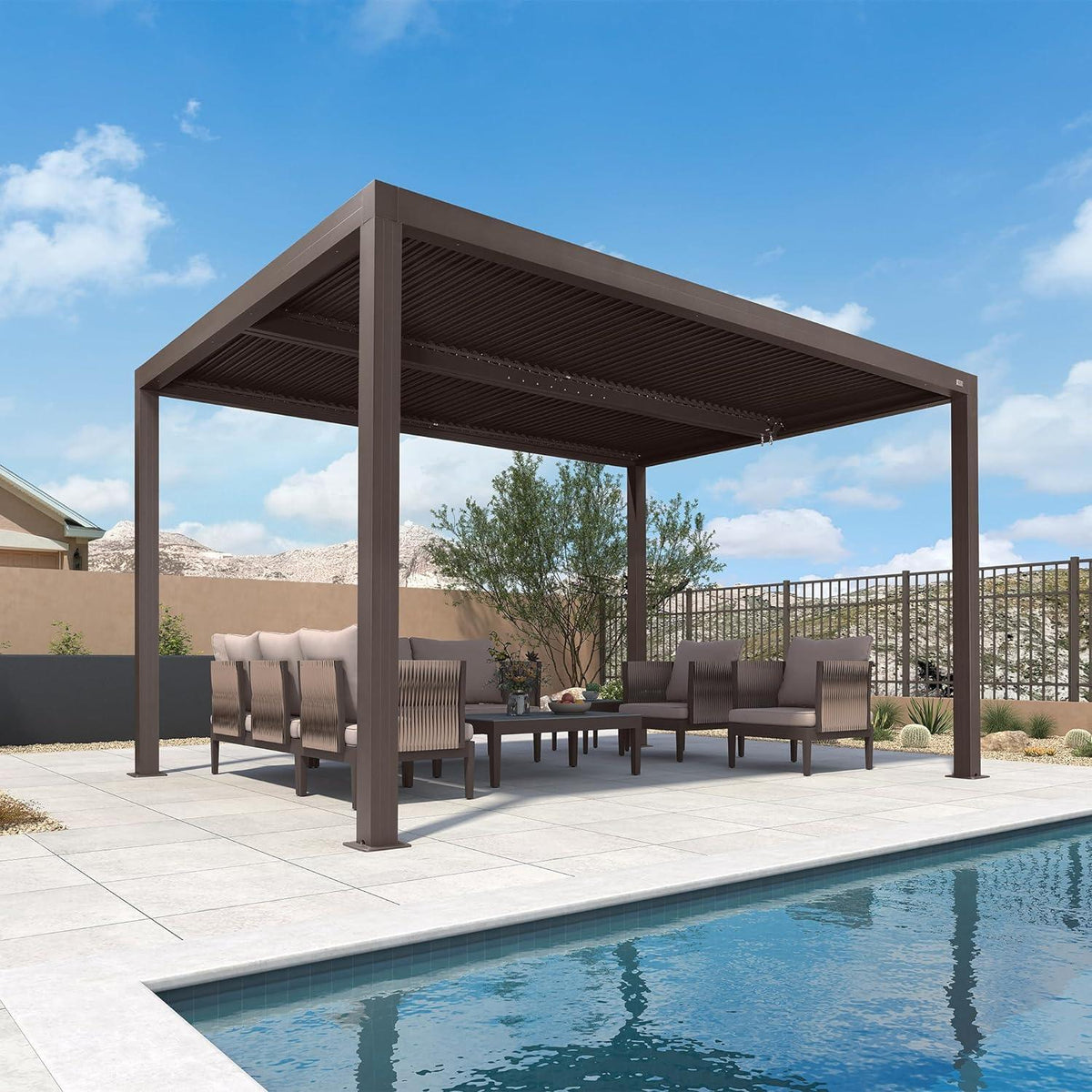 PURPLE LEAF Athena – Pergola extérieure à lames orientables avec toit métallique réglable bronze, pavillon de terrasse à toit rigide