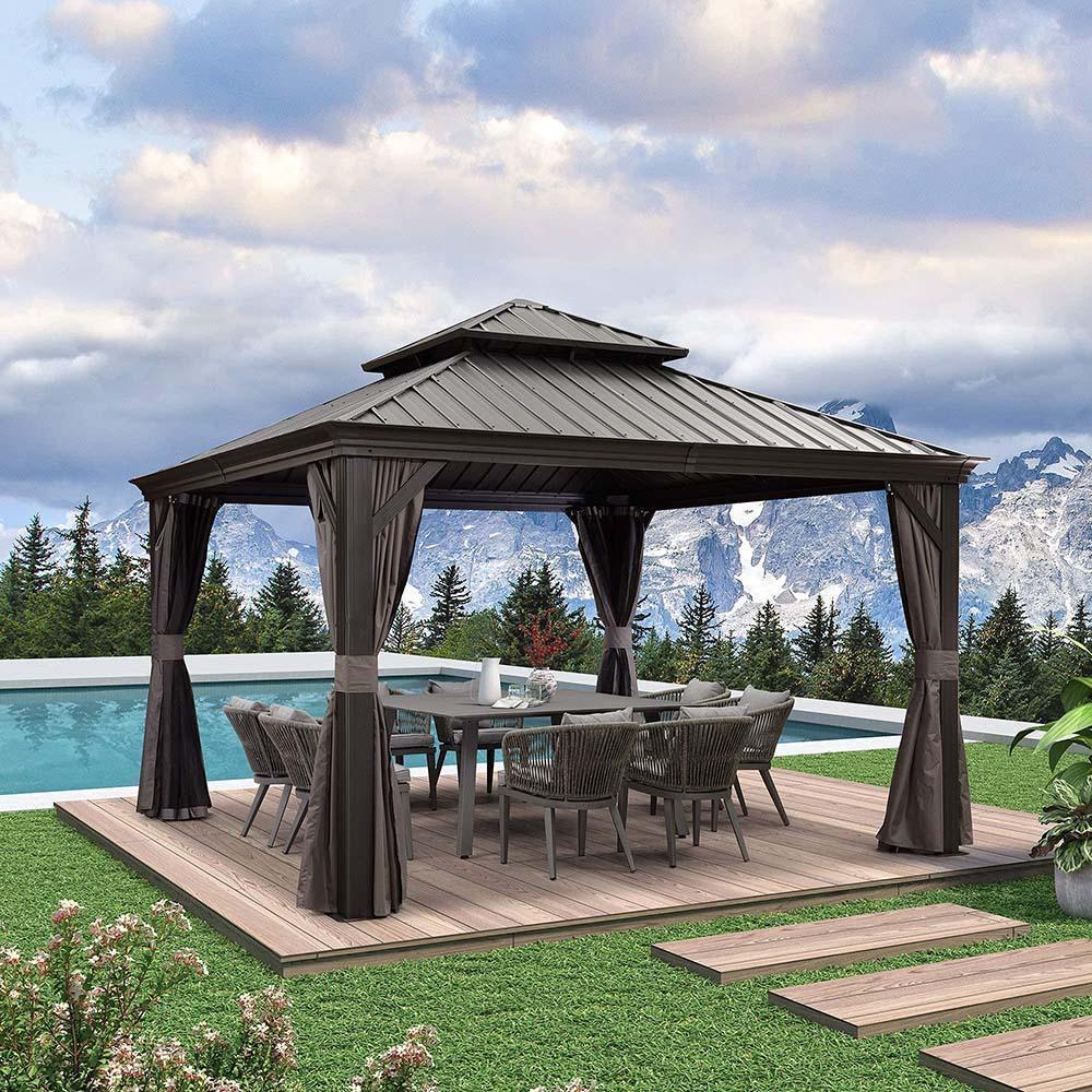PURPLE LEAF – Pavillon de terrasse pour jardin, toit rigide gris en acier galvanisé avec rideau amélioré