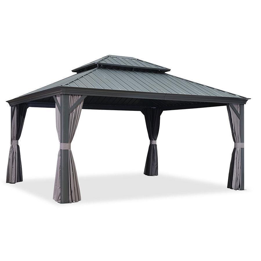 PURPLE LEAF – Pavillon de terrasse pour jardin, toit rigide gris en acier galvanisé avec rideau amélioré