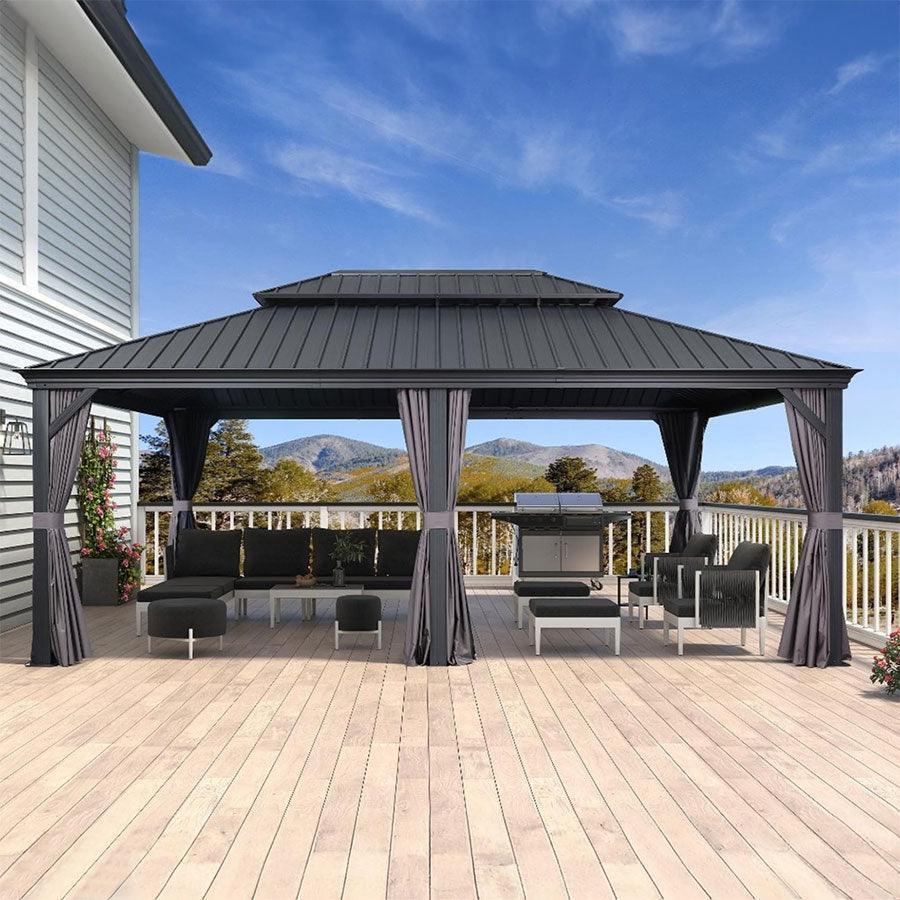 PURPLE LEAF – Pavillon de terrasse pour jardin, toit rigide gris en acier galvanisé avec rideau amélioré