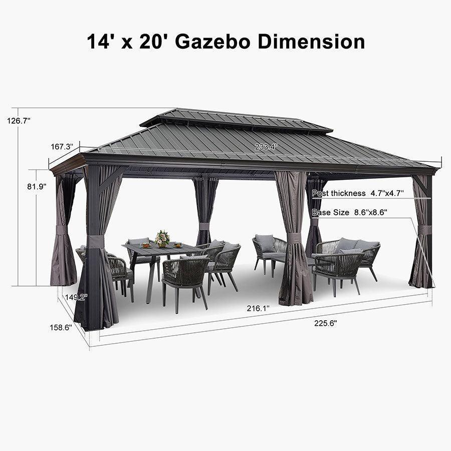 PURPLE LEAF – Pavillon de terrasse pour jardin, toit rigide gris en acier galvanisé avec rideau amélioré