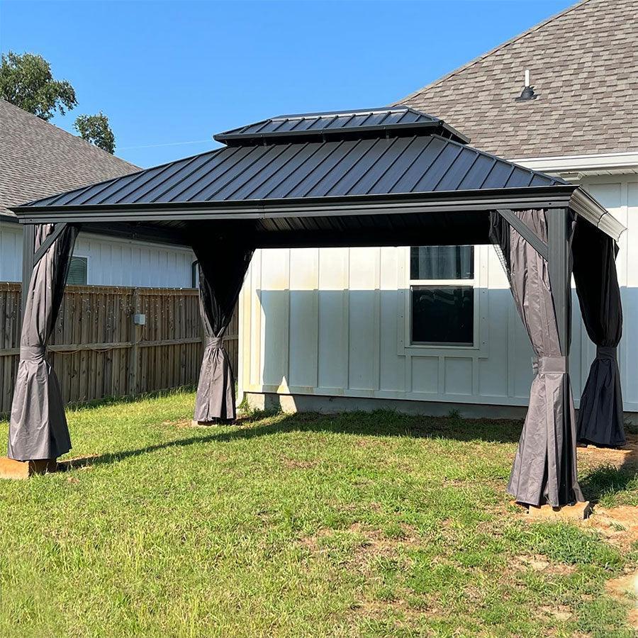 PURPLE LEAF – Pavillon de terrasse pour jardin, toit rigide gris en acier galvanisé avec rideau amélioré