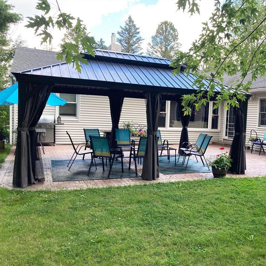 PURPLE LEAF – Pavillon de terrasse pour jardin, toit rigide gris en acier galvanisé avec rideau amélioré