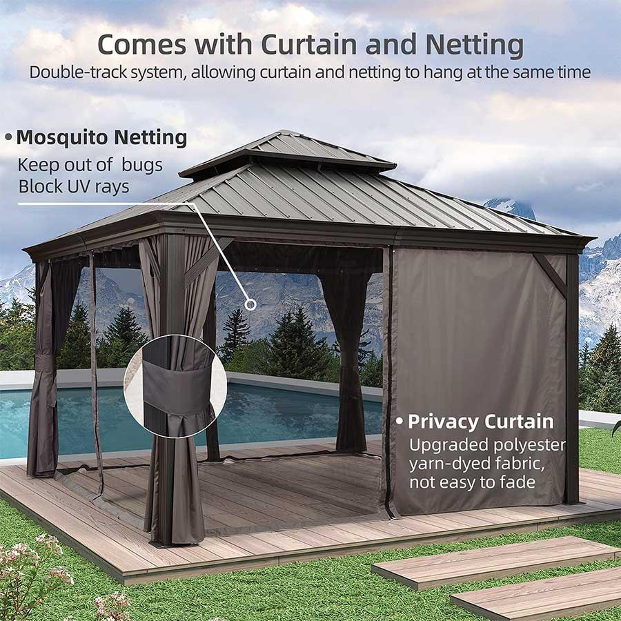 PURPLE LEAF – Pavillon de terrasse pour jardin, toit rigide gris en acier galvanisé avec rideau amélioré